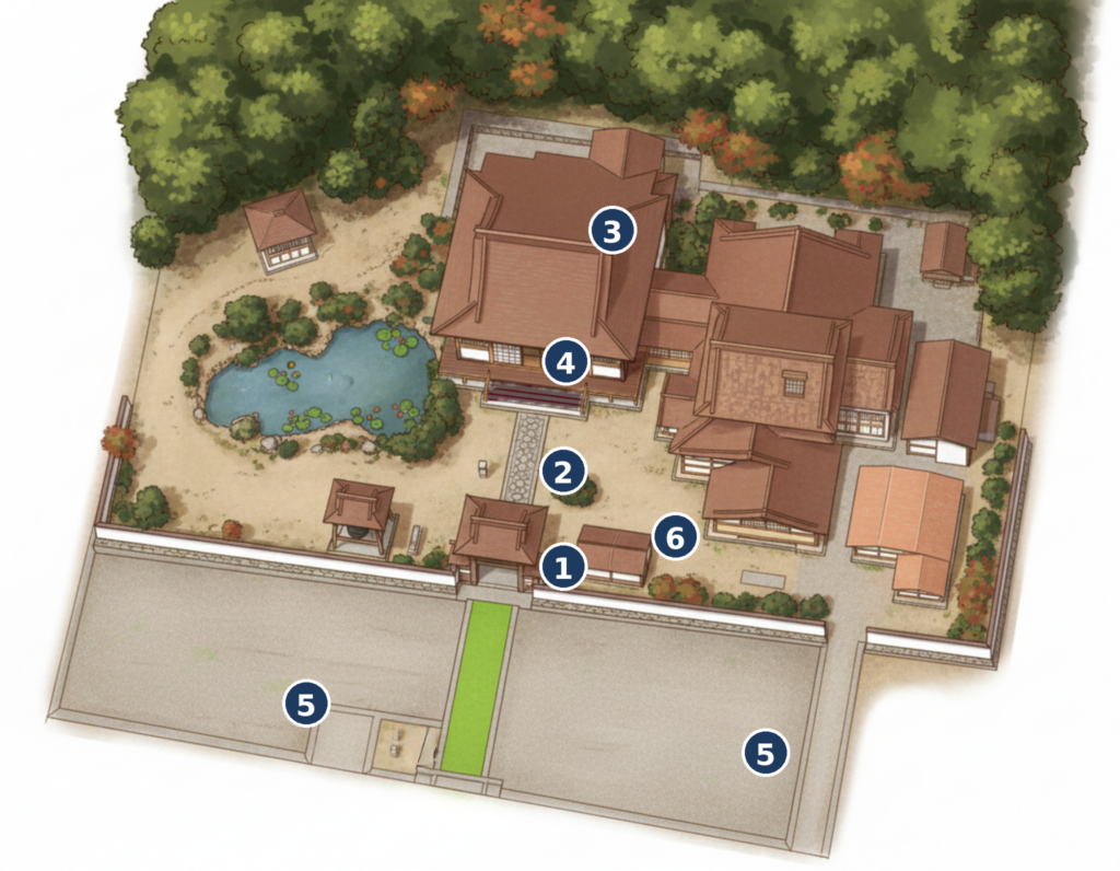 西福寺の境内俯瞰図。法座に参加のかたは、山門から参道を通って本堂へ。帳場（受付）は本堂入口付近。駐車場は山門側。ご相談、おたずねなどで訪問の方は、山門を入って右奥の庫裏玄関へ。